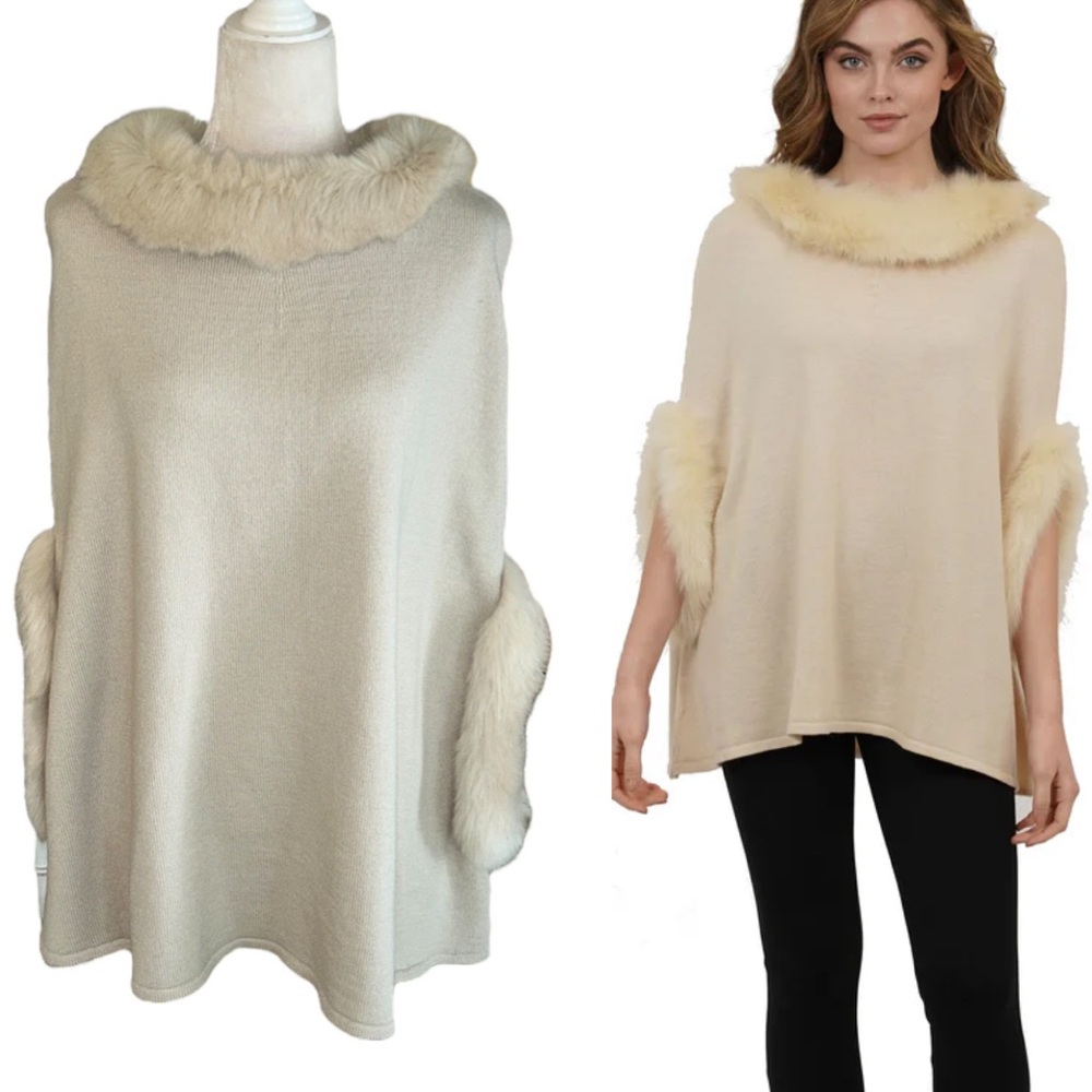 Gaby & Eden Cream Faux Fur Collared Knit Poncho Cape Shawl - S / M